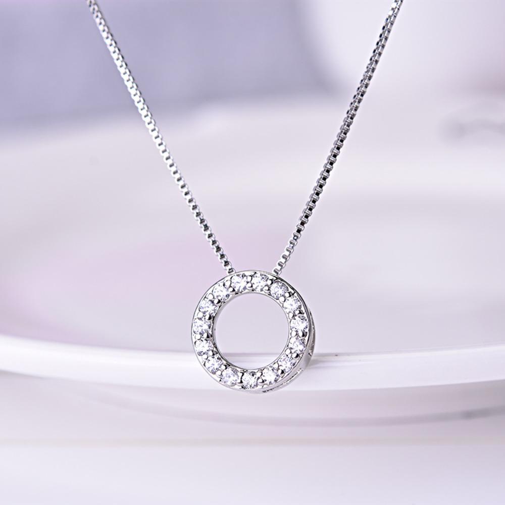 Women Silver Necklace Minimalist Luxury Circle Pendant Full Diamond Geometric Collarbone Chain