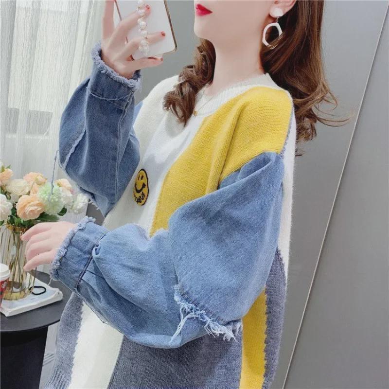 2024 Autumn/Winter Korean-Style Denim Splicing Loose Pullover Sweater for Women