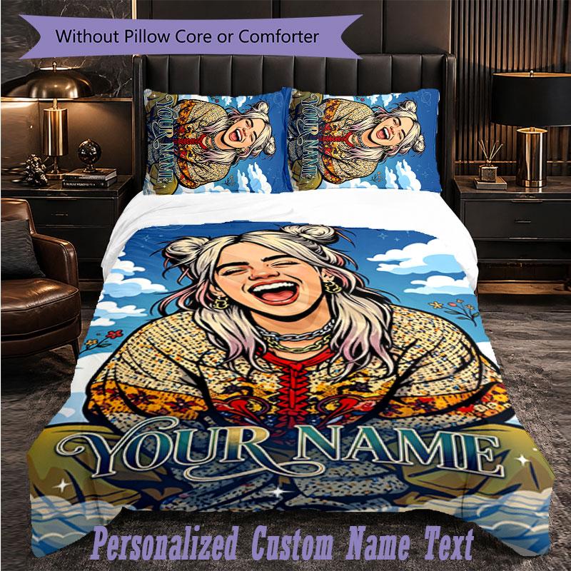 Personalized 3Pcs Bedding SetBillie Eilish Custom Text Duvet Cover Pillowcase Set Bedroom Gift