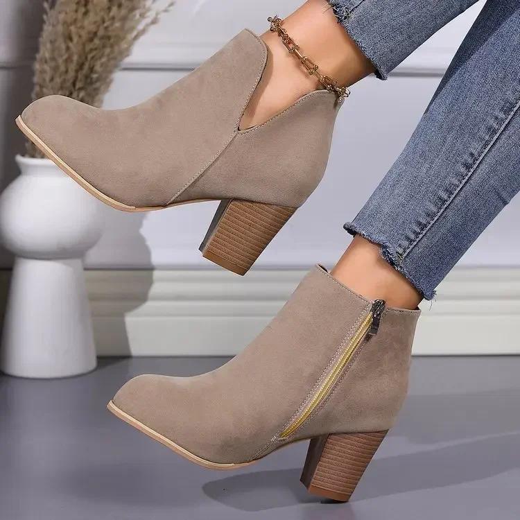 Women's square heel boots, fashionable side zipper boots, women's comfortable boots