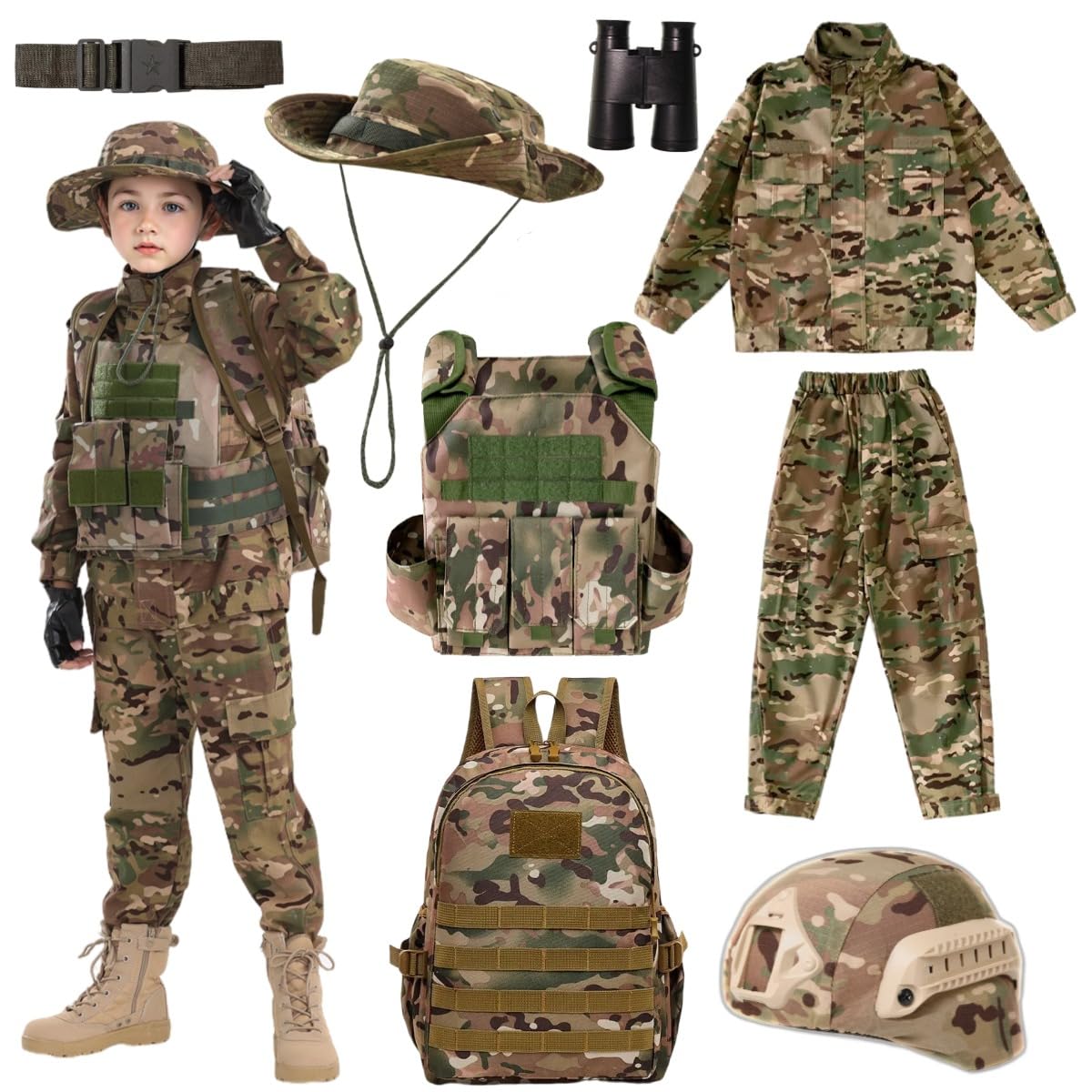 Kids  Army Special Forces Uniform, Camouflage Single Soldier Suit, Helmet, Backpack, Boys, Camouflage, 9-11140