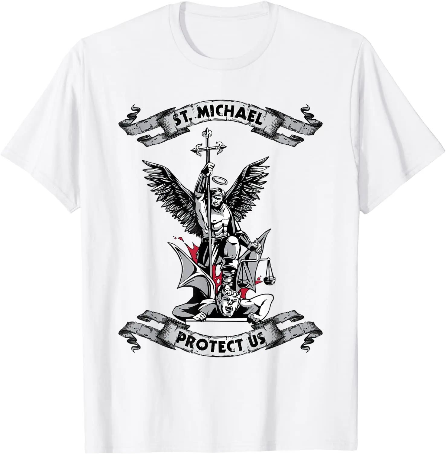 

Футболка «Архангел Святой Михаил Защити нас Защити нас». Хлопковая мужская футболка премиум-класса с коротким рукавом и круглым вырезом, новинка S-3XL XXXL белый