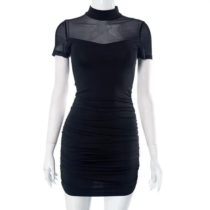 Women's Dress Summer Half High Neck Short Sleeve Fashion Sexy Mesh Yarn Wrap Hip Dresses