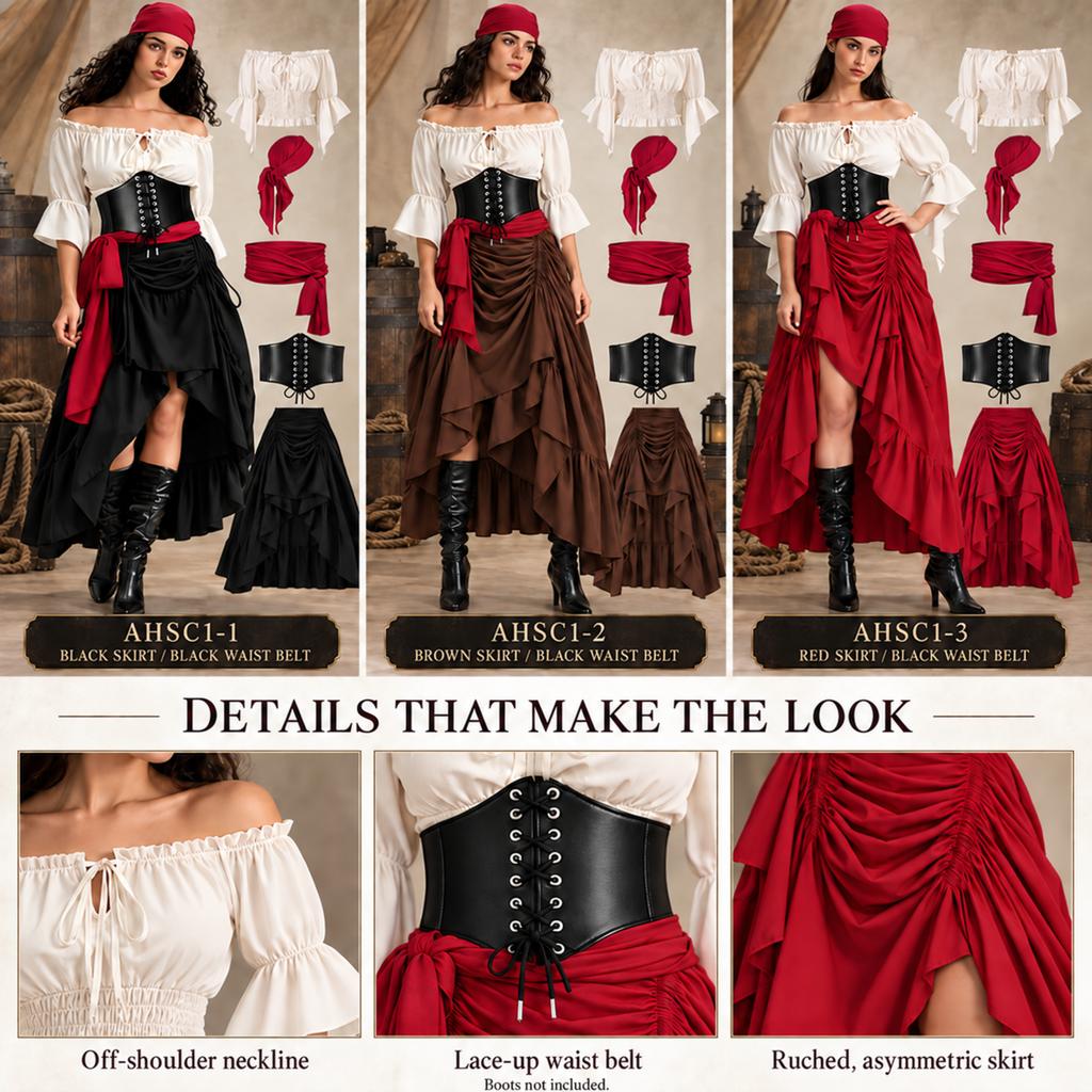 Womens Pirate Costume Set Blouse Skirt Corset Belt Sash Headscarf for Halloween Renaissance Faire Cosplay Party Bold Adventure