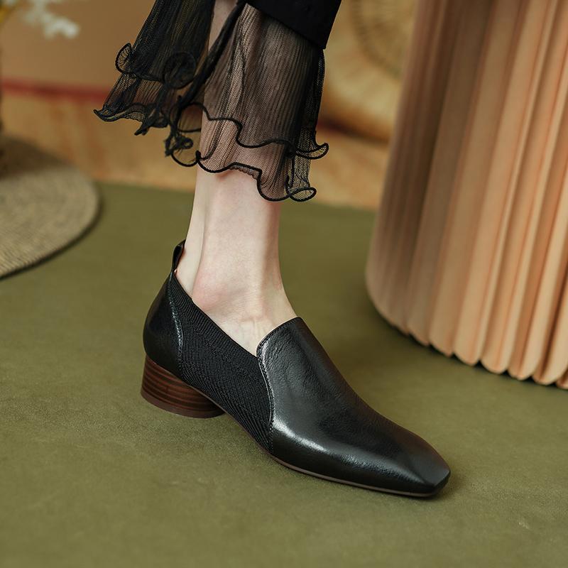 Retro Women Pumps High Heels 2024 Spring Summer Genuine Leather Square Toe Mature Basic Office Lady Elegant Shoes Woman Pumps