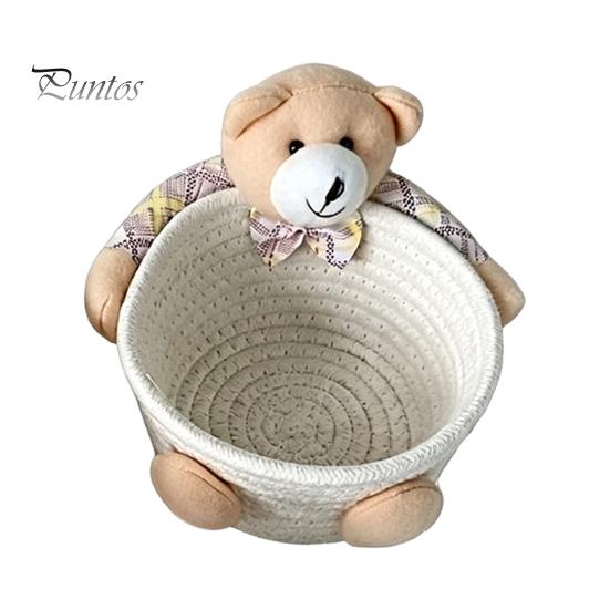 Gentle Color Storage Basket Desktop Basket, Cartoon Plush Bear And Rabbit Rope Decorative Plaid Bow Organizer Shape, Woven for Small Items Jewelry