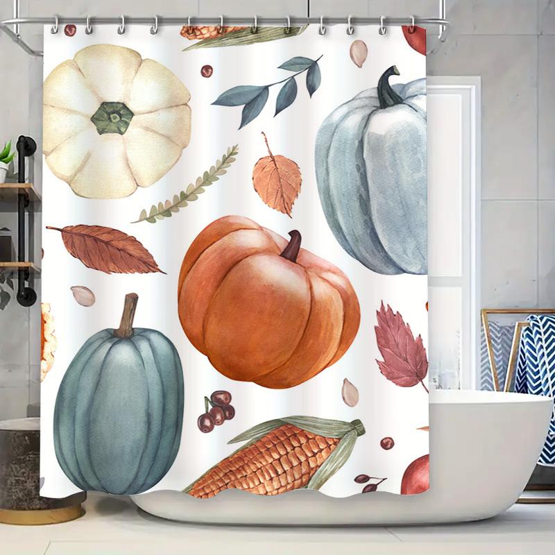 

Farmhouse Autumn Shower Curtain Set: Pumpkin Gourd Watercolor Bath Decor Vivid Colors + 18 Hooks (36x72in) 90x180cm