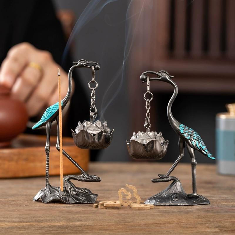 Chinese Style Incense Burner Zinc Alloy Good Symbolism Incense Holder Accessories Red-Crowned Crane Indoor Aromatherapy Gifts