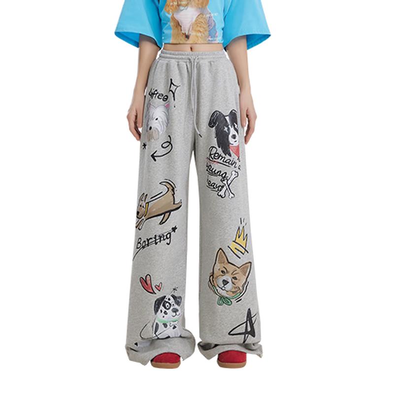 UNIFREE Women's Retro Wide-Leg Dog Print Sweatpants
