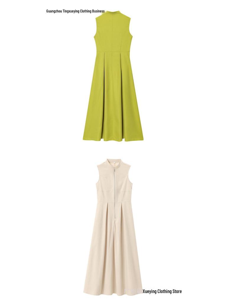Spring 2026 European & American Style Women's Midi Dress: French Design, Round Neck, Sleeveless, Waist-Cinching, Commuter Chic