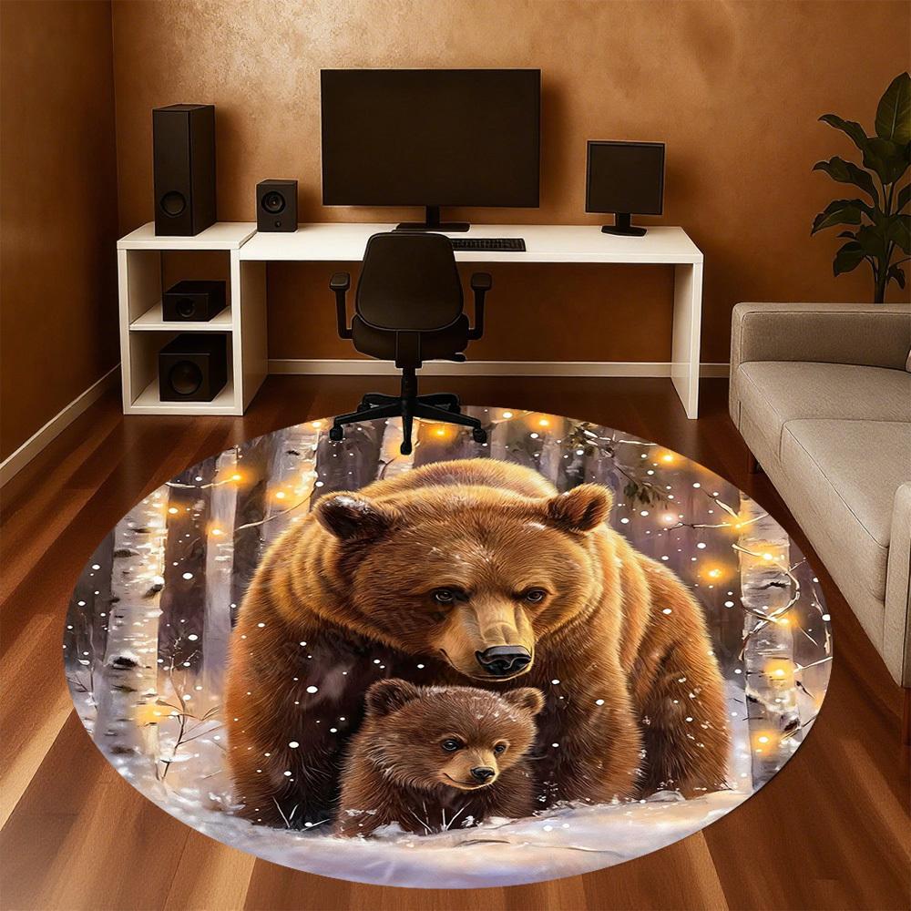 1PC Bear Cub Winter Office Round Area Rug, Under Office Chairs Bedroom Living Room Home Decor,Carpet for Office, -1110193