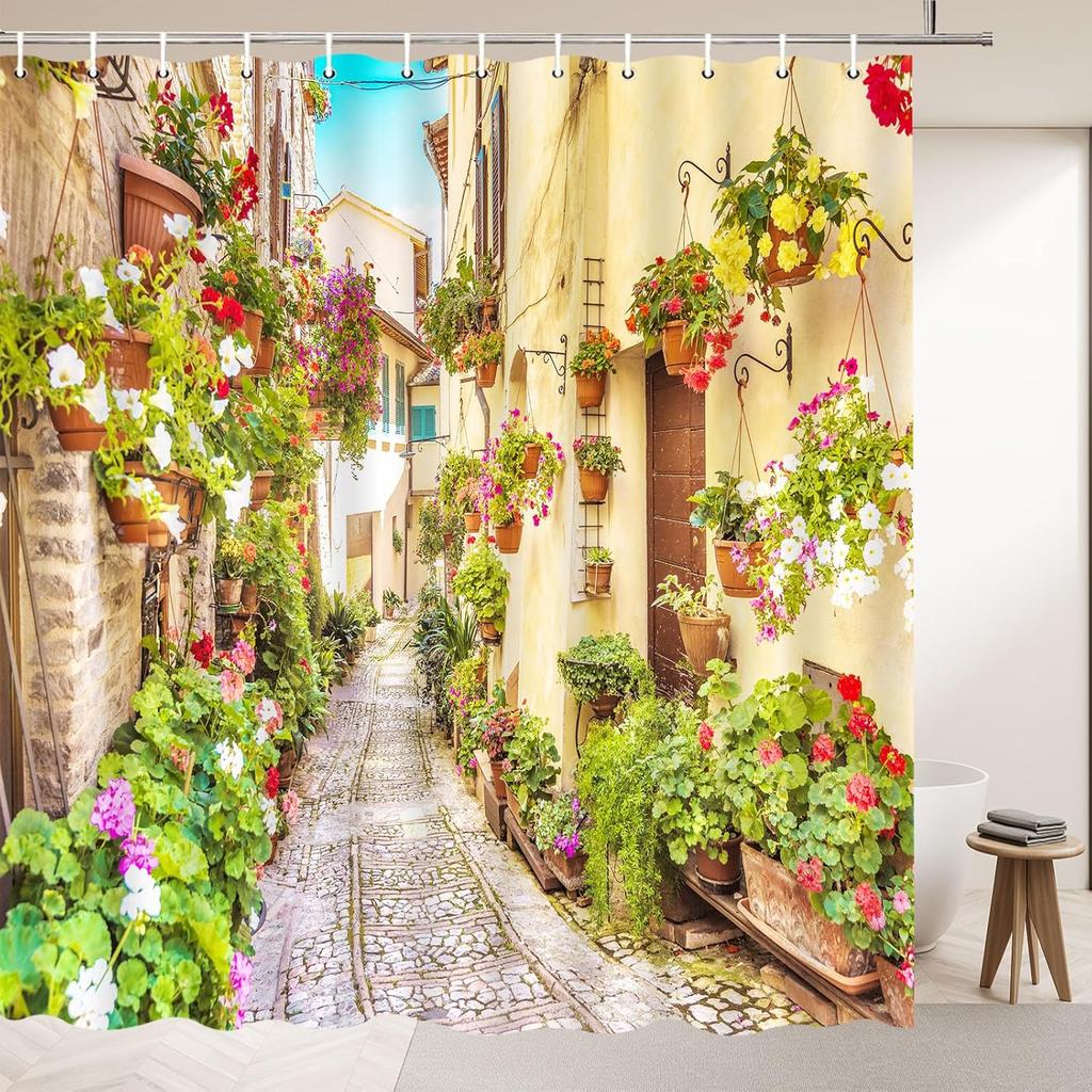 Italy Landscape Shower Curtains European Architecture House Street Colorful Flower Pots Green Leaves Spring Scenery Bathroom