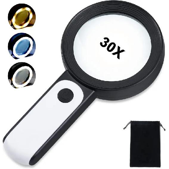 Magnifying Glass 18 LED Lights 30X Double Glass 3 Modes High Power Lens Handheld Illuminated Magnifier Reading  Tool