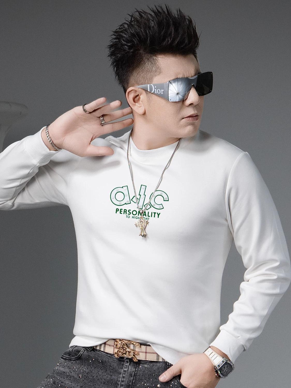 

Ozhouzhan 2025 Autumn New Trend Letter Print round Neck Hoodie Men s Long sleeve Bottoming Shirt Casual Top XL чёрный