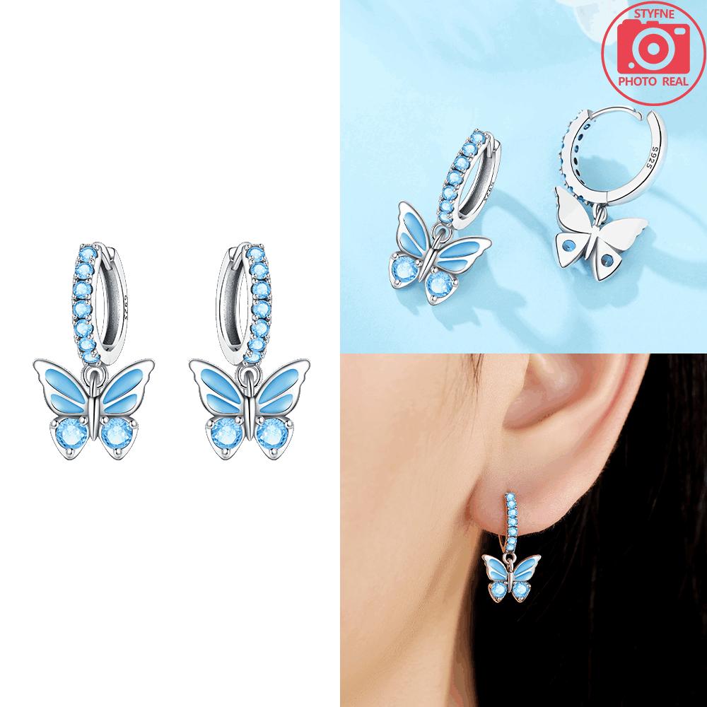 925 Silver Blue Butterfly Earrings Women's Accessory Gift Pink Animal Earrings Valentine Delicate Anniversary Jewelry