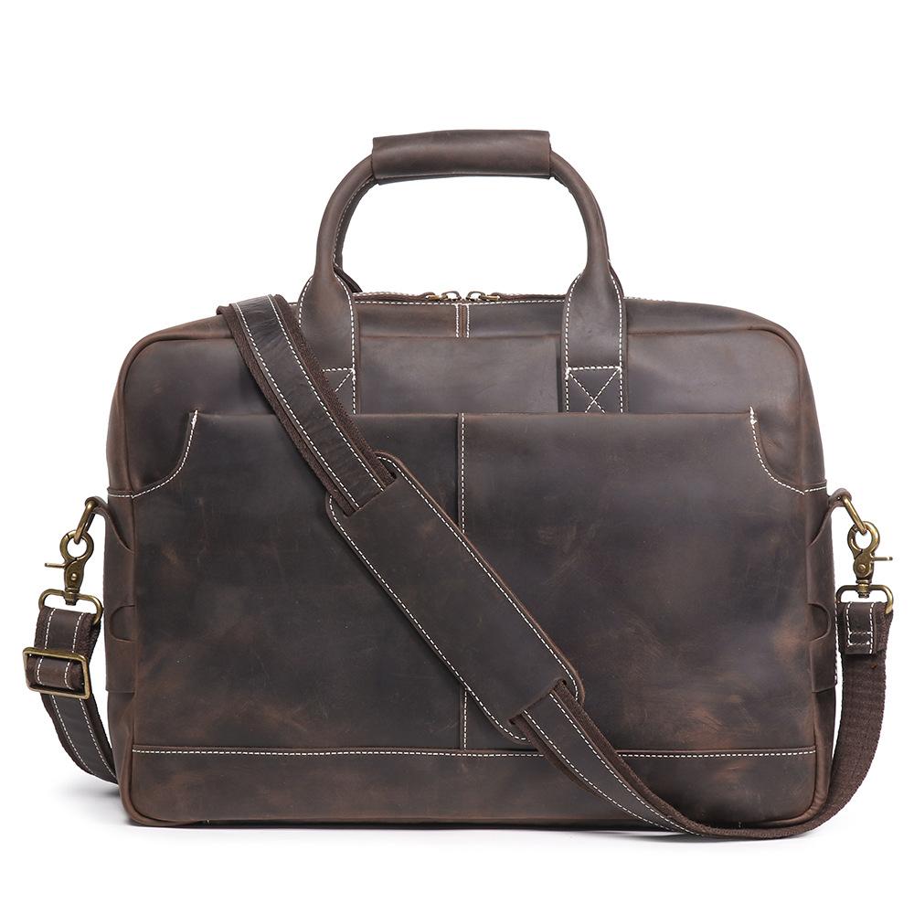 Retro Men'S Bag, Genuine Leather Men'S Laptop Bag, Crazy Horse Leather One-Shoulder Messenger Business Bag, Cowhide Briefcase.