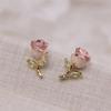 Cute Female White Enamel Gold Color Pink Flower Stud Earrings Lovely Bridal Wedding Jewelry For Women