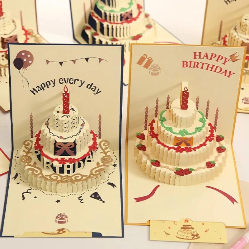 Birthday Card 3D Ins Style Three-Dimensional Happy Birthday Card with Cake Design, Greeting Postcards Perfect for Birthday