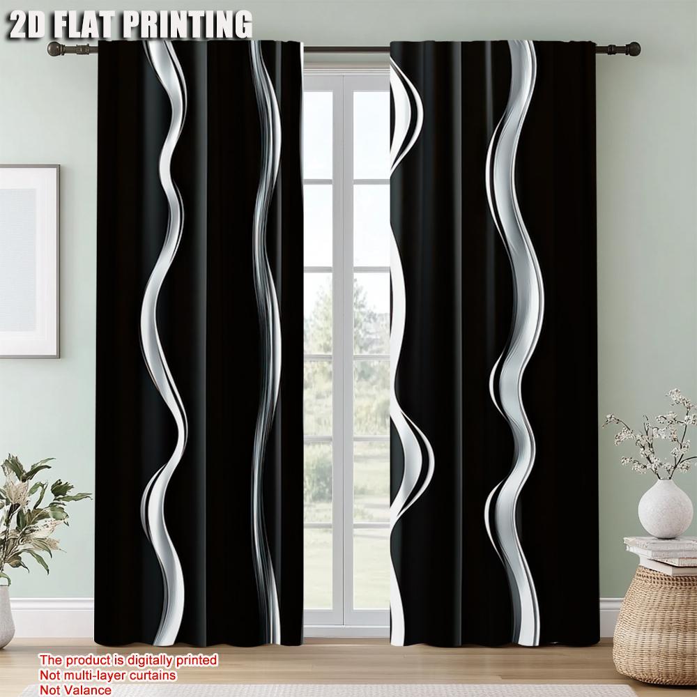 Set Of 2 Black White Stripes Polyester Curtain Bedroom Living Room Decor Fashion Semi Sheer Ideal For Great