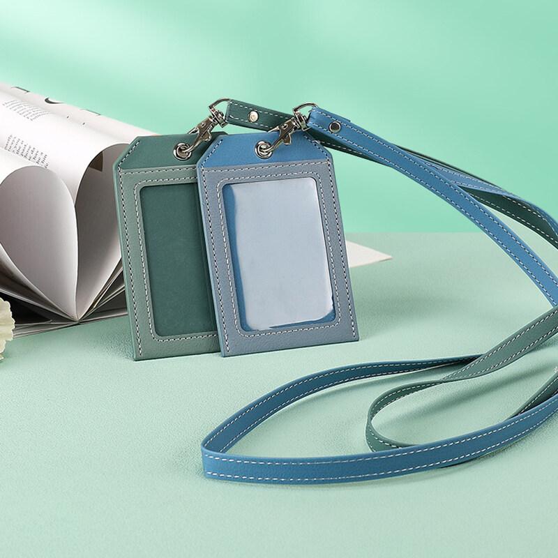 2 Card Slot Employee Work ID Card Set Hanging Rope PU Leather Bus Meal Card Chest Badge