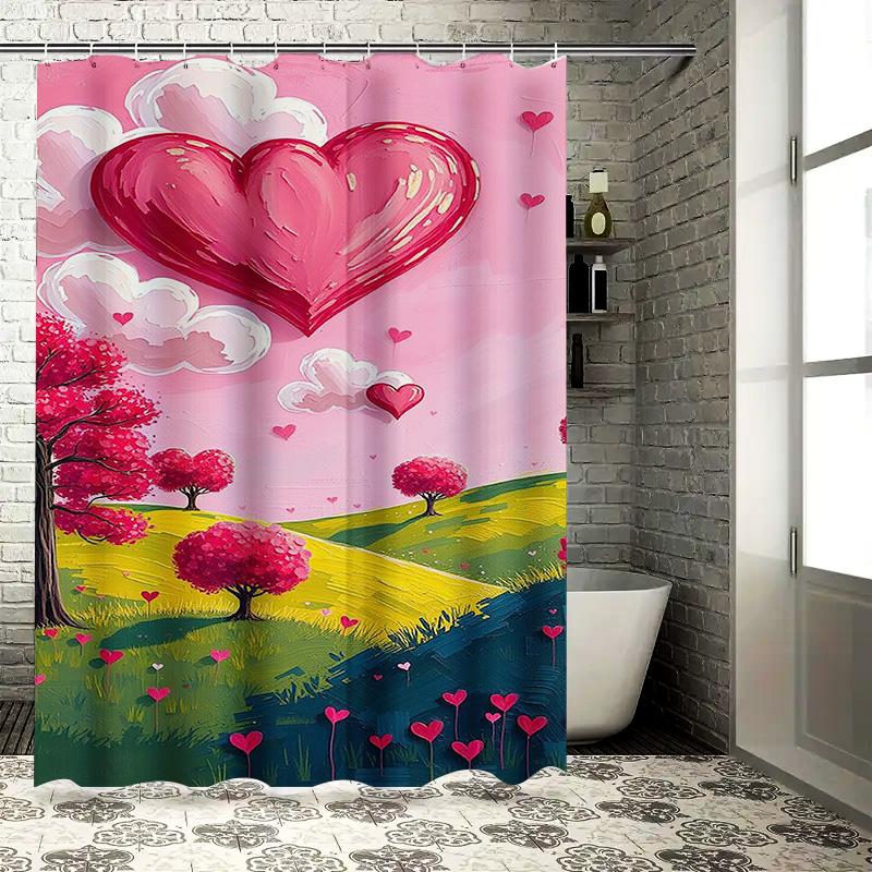 Romantic Heart Landscape Waterproof Shower Curtain Heat Resistant Machine Washable Non-Transparent 180x180cm