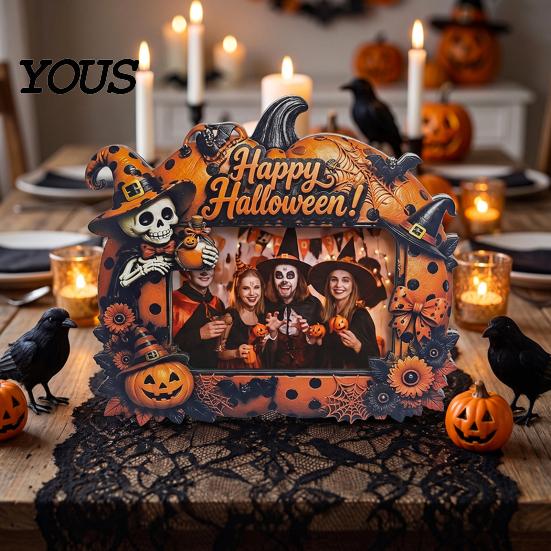 Seasonal Table Centerpieces Halloween Wooden Photo Frame, Cute Ghost Pumpkin Picture Vertical Display Stand Rustic Festive Holder for Holiday