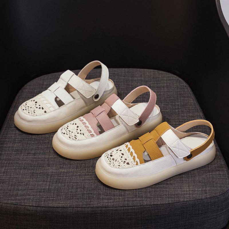 Fashion GKTINOO Genuine Leather Roman Sandals 2025 Summer Women Sneakers Closed Toe Comfortable Hollow Soft Sole Mom Shoes Plus Size