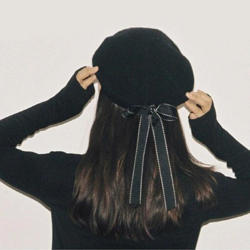 WTEMPO Women's Autumn Winter Cold-proof Windproof Solid Color Black Bow Hats Women's Verstaile Casual Retro Elegant Warm Hats