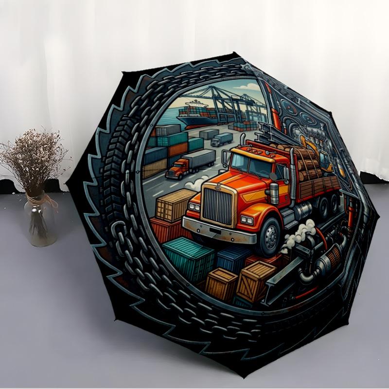 Industrial Logistics Hub Pattern Umbrella, Portable and Foldable Design, 8 Ribs, a Casual Accessory for Halloween, Christmas, and Birthday Gifts.
