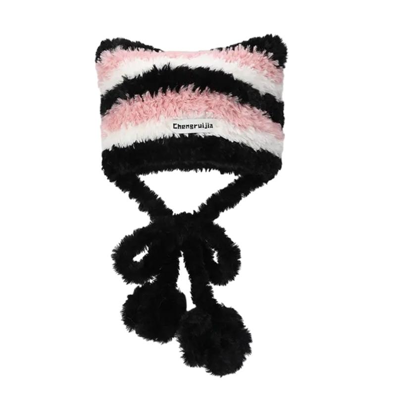 Halloween Cat Ear Hat Knit Y2K Beanie Hat Striped Party Holiday Winter Warm Hat Beanie Theme for Teens