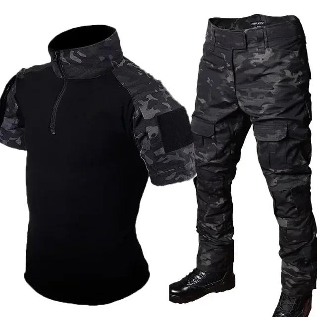 Černé Camo Tréninkové Sety s 1/4 Zipem Bojové Topy Taktické Obleky Turistické Kalhoty Pánské Odolné Košile Více Kapsami Odolné proti Opotřebení