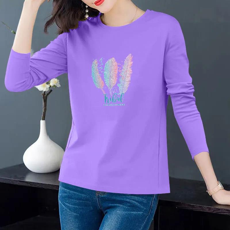 Baumwolle Frühling und Herbst Koreanischer Stil Langarm T-Shirt Damen Locker Übergröße Damen Rundhals Oberteil