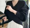 Women's Korean Style Cross V-Neck Sweater - Plain Color, Loose Design, Long Sleeve Knitwear for Autumn/Winter 2026.