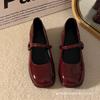 Retro Mary Jane Small Leather Shoes 2026 Spring Spring New Burgundy One-word Buckle with Square Head Thick Heel French Single Shoes