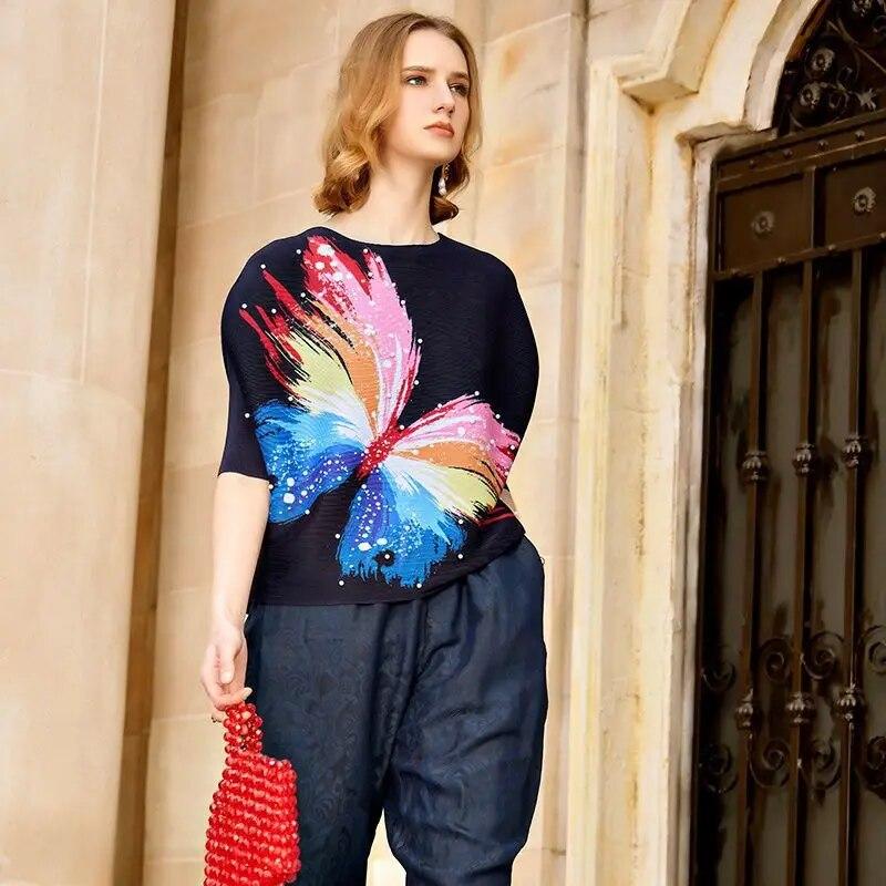 Five-point Sleeve Color Pleated Top Design T Shirt Spring and Summer O Neck Western Age-reducing Butterfly Print T-shirt
