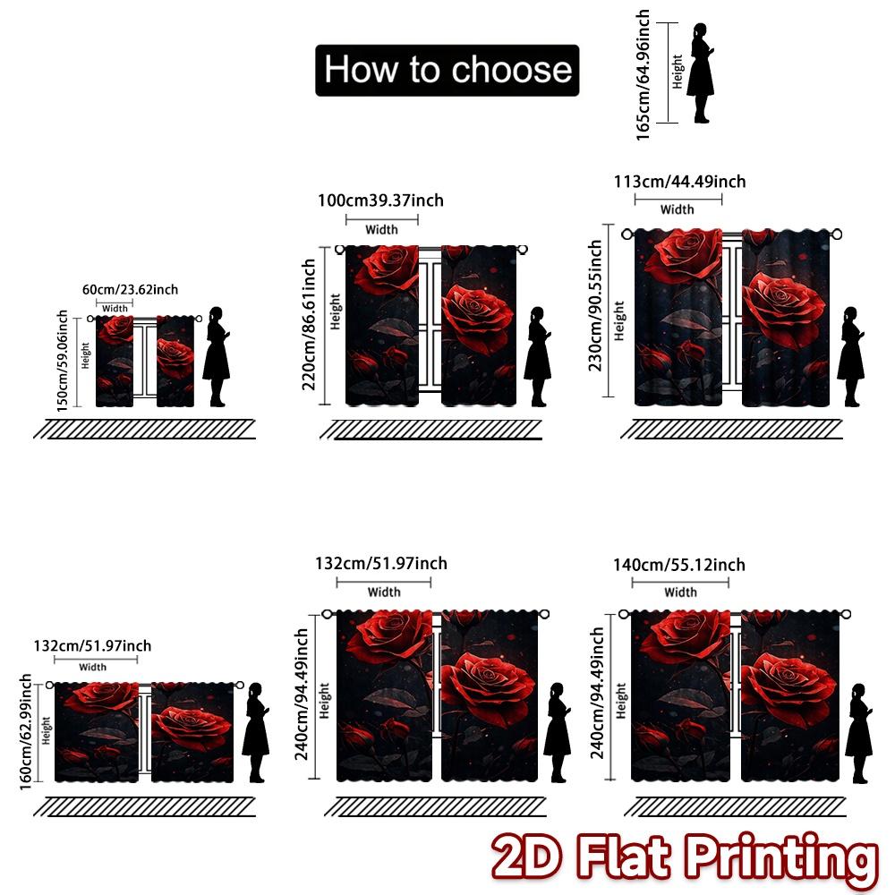 2D FLAT PRINTING 2pcs Curtains (Without Rod) Valentine's Day Red Roses Creative Chic Curtains Versatile Polyester Fabric