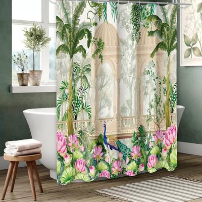Rideau de bain Tropical Pland et Paon Rideau de douche Lettres de salle de bain Imperméable Avec 12 Crochets Poissons Déco Maison Livraison Gratuite