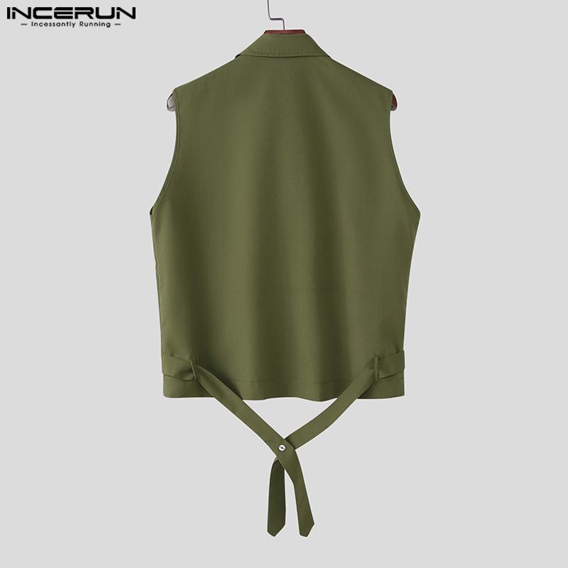 INCERUN Men Lapel Neck Sleeveless Solid Lace-up Casual Shirts Tank Tops