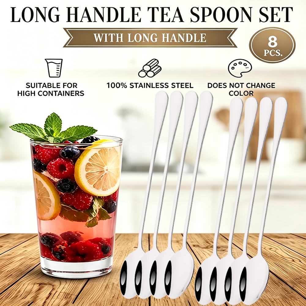 8Pcs Golden Long Handled Spoons, Thickened Stainless Steel Coffee Spoons, Pointed Mixing Spoons, Round Spoons, and Ice Spoons