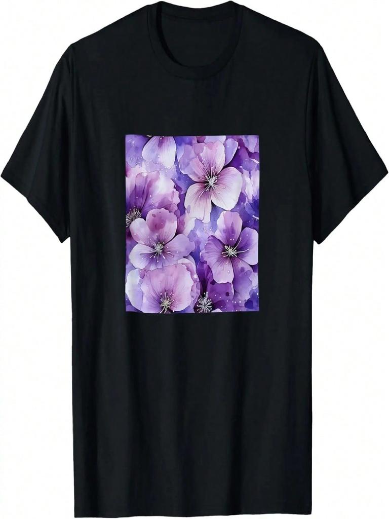 Violet Watercolor Wildflower Pattern Graphic T-Shirt