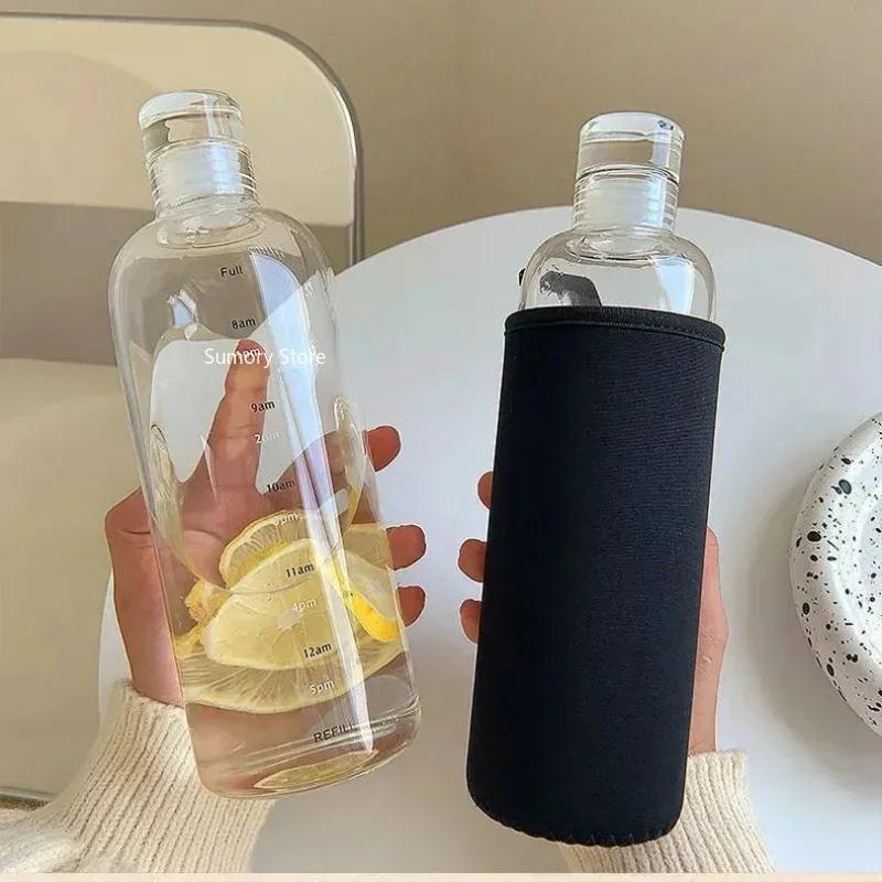 1pc Plastic Water Bottle with Time Scale Transparent Large Capacity Leakproof Drop-Resistant Drink Cup for Outdoor Sport Travel