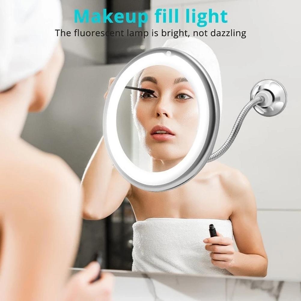 Flexible Gooseneck Makeup Mirror with LED Light 10X Magnifying Mirror Suction Cup Bright Diffused Light And 360 Degree Swivel