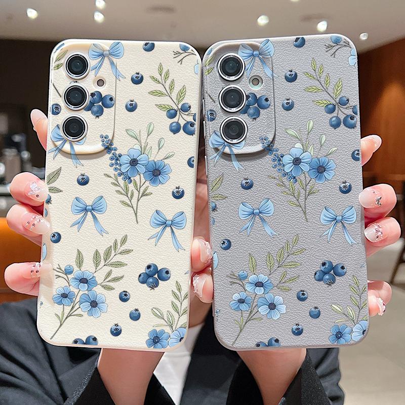 Blaubeer-Schleifen Blumiges Case Für Samsung S26 S25 S24 Ultra S23 S22 S21 FE A15 A16 A17 A26 A35 A36 A37 A54 A55 A56 A57 5G Lederstruktur Abdeckung