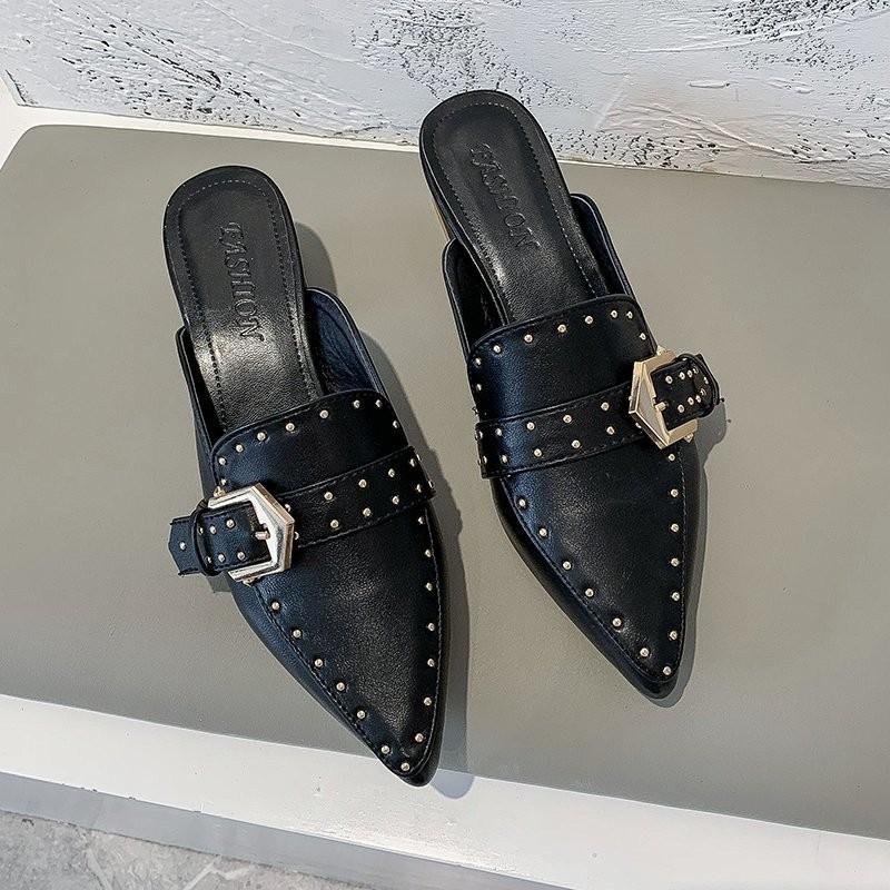 New Retro Baotou Kitten Heel Half Slippers Fashion Pointed Toe Rivet Casual Outside Wear Women's Cool Drag