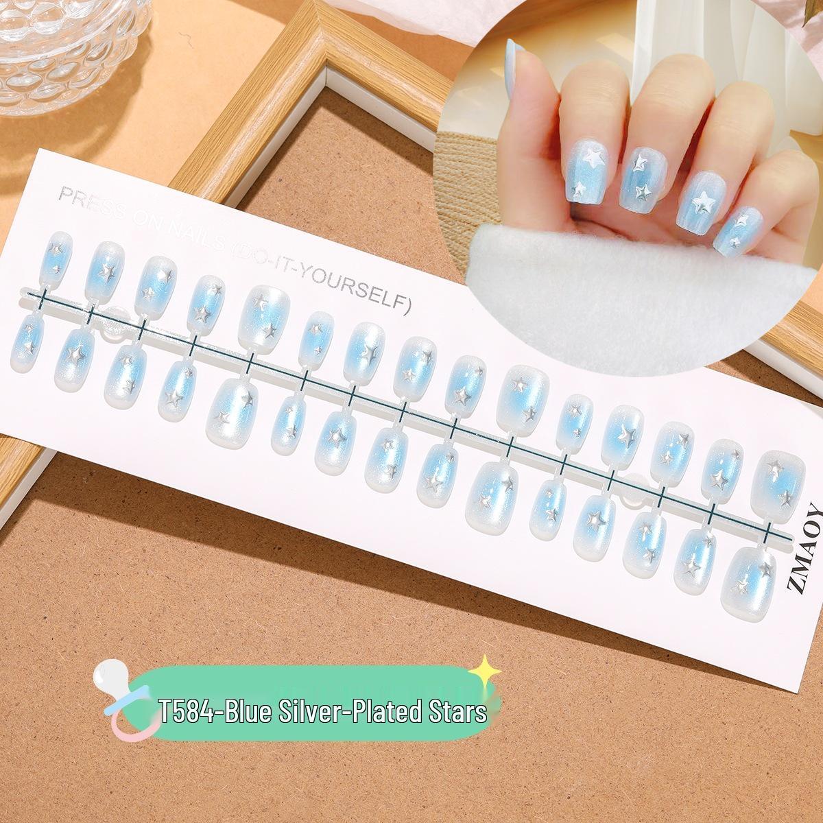 

T584# Синий Серебристый Звездный Омбре Кошачий Глаз Носимые Накладные Ногти - 30 Штук Экстра Короткий Позолоченный Набор Full Set Small/S/S