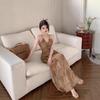 New Chinese-style Neck Sling V-neck Dress Women's Summer Backless Waist Sexy Long Dress Pure Desire Coffee Color A-word Skirt