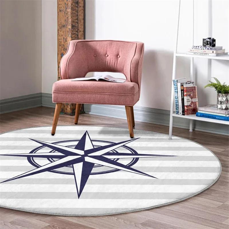 Marine Round Rug Compass Floor Carpet Wheel Non Slip Circle Rugs Sailor Anti Slip Mat Anchor Area Rugs Blue Rug for Living Room