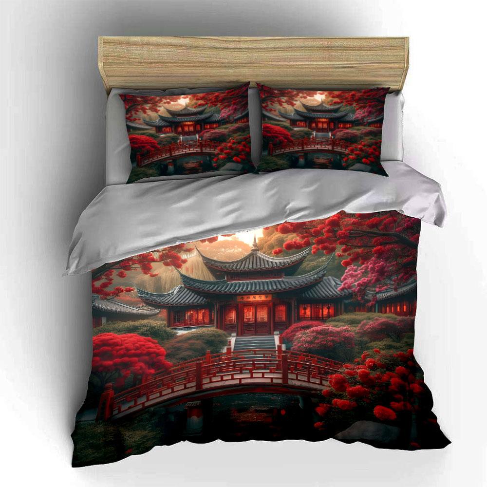Classical Courtyard With Red Bridge Duvet Cover Set With 3D Printing Design Soft Polyester Bedding Set All-Season Comfort