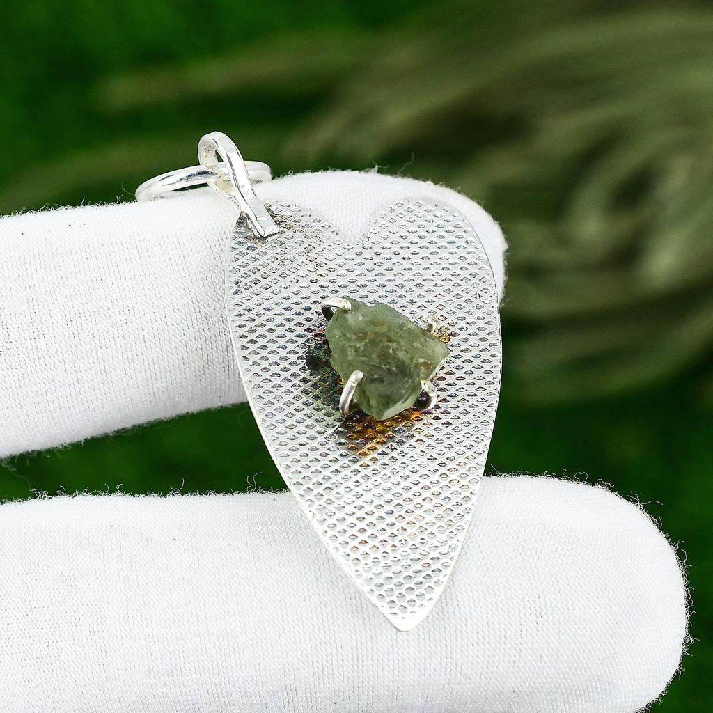 Pentagon Prehnite Rough Stone Bezel Anniversary Daughter Pendant Sterling Silver