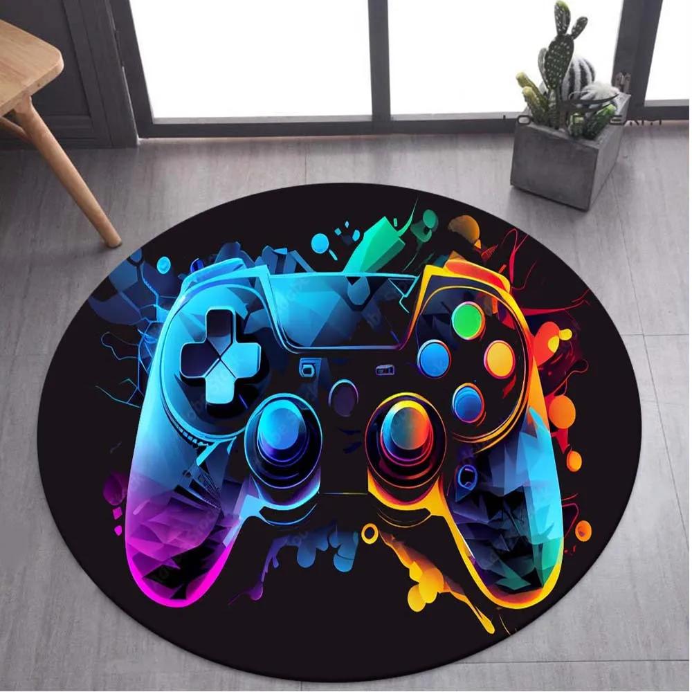 Gaming for Boys Room Round Video Game Themed Carpet Controller Design Non Slip Area Rug for Boys Room Gamer Bedroom Floor Mat